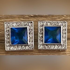 Vintage Square Cut Faceted Blue Sapphire Silver Tone Filigree Earrings EUC